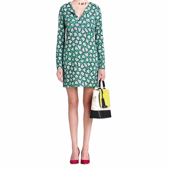 Diane Von Furstenberg Reina Silk Tunic Dress Green Leaf Print Mini DVF Size 6 - Picture 11 of 13